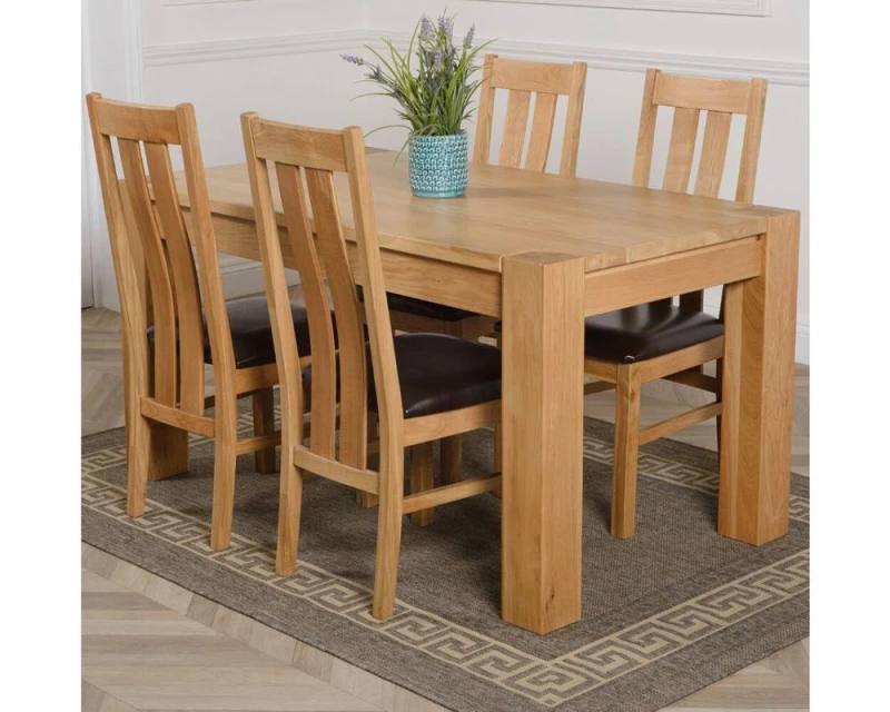 Image of Thats Furniture Kuba 150 x 85cm Chunky Medium Oak Dining Table & 4 Princeton Chairs in Brown Brown Unisex 150 x 85 cm