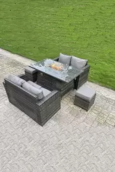 Image of Fimous 4 Seater Outdoor Dark Grey Rattan Lounge Complete Sofa Set with Gas Fire Pit and 2 Stools