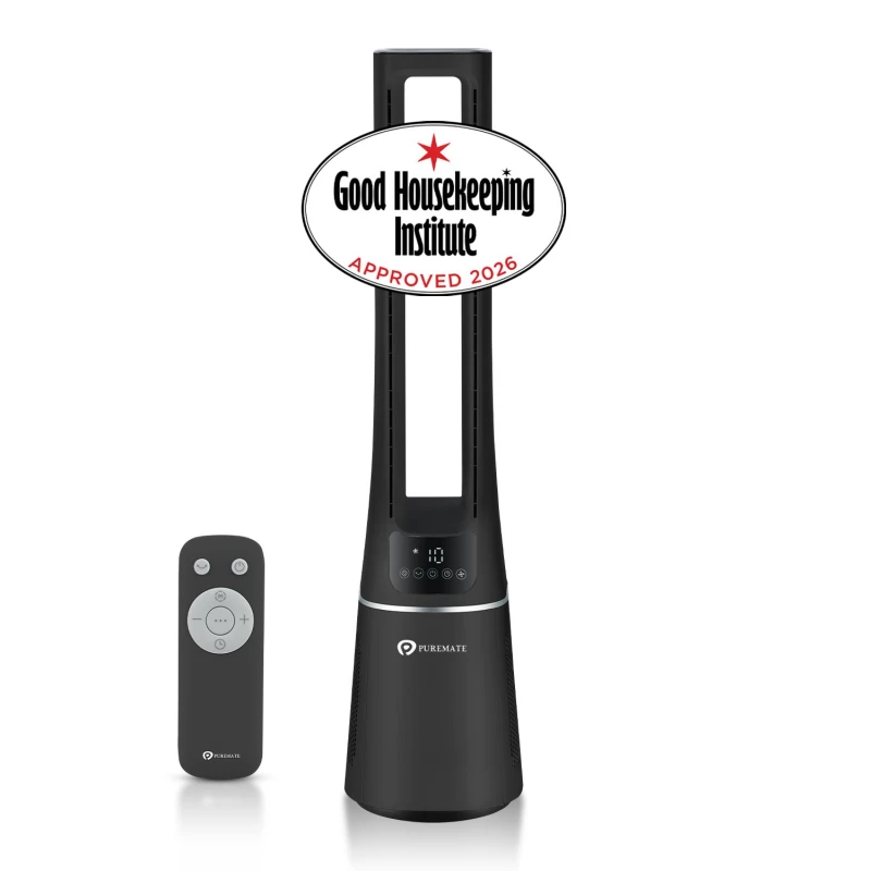 Image of PureMate 2-in-1 Bladeless Tower Fan & air purifier w/ HEPA Filter, 10 Speed Settings, Portable Ultra Quiet Standing Fan w/ Remote Control, Digital Bla