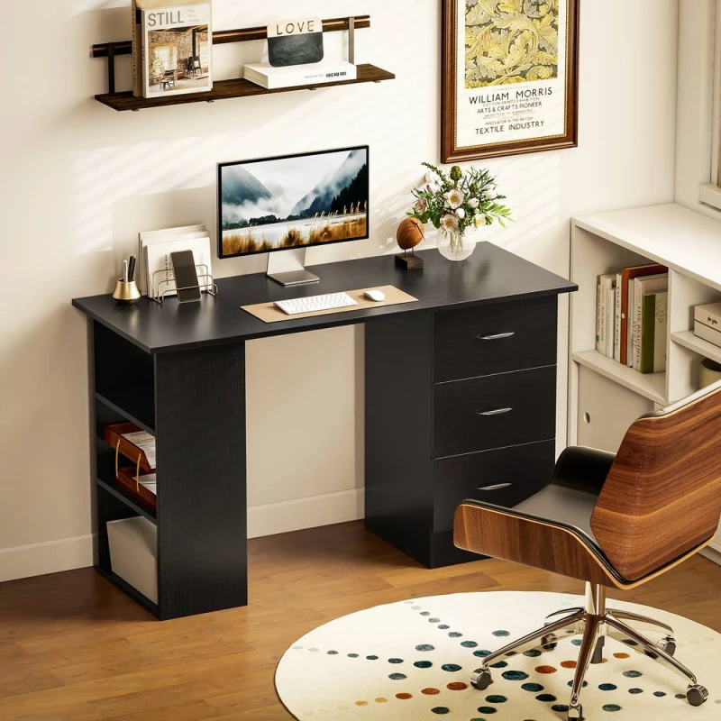 Image of HOMCOM 120cm PC Table Workstation Computer Desk with Drawers & 3 Shelf Black Unisex