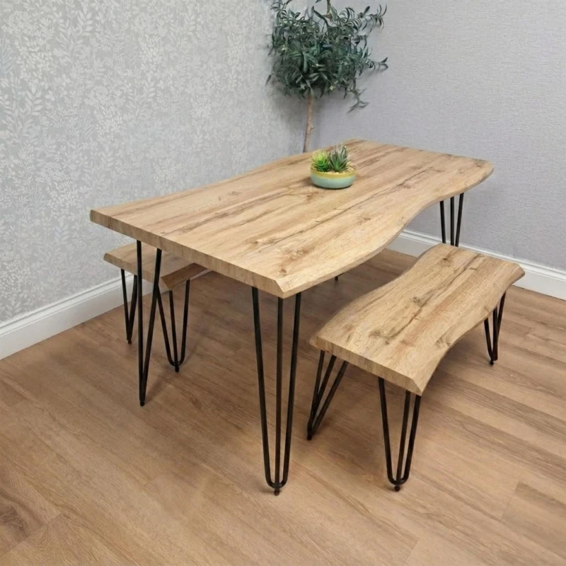 Image of KOSY KOALA Wooden Dining Table & 2 Benches Set With Metal Hairpin Legs for Dining Room, Work, or Study in Brown Brown Unisex