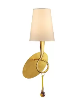 Image of Paola Wall Lamp Switched 1 Light E14, Gold Painted with Cream Shade & Amber Glass Droplets