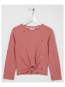 Image of FatFace Girls Long Sleeve Star Embroidered Knot T-Shirt - Pink, Size Age: 8-9 Years, Women