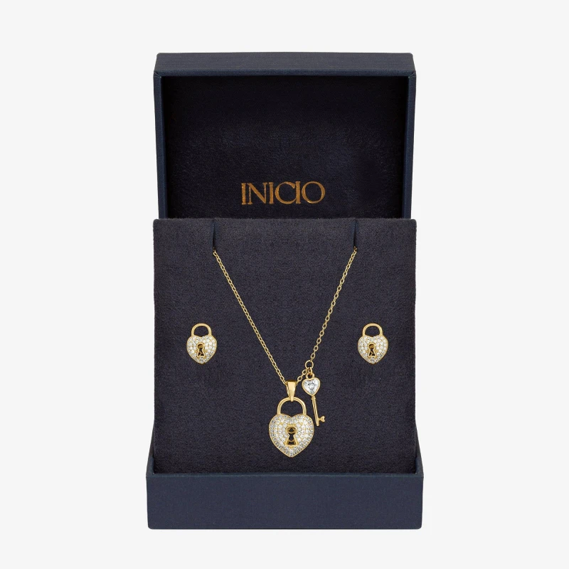 Image of Inicio Gold Plated Padlock Heart Set - Gift Box Jewellery Sets One Size Gold 41455310000