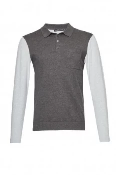 Mens French Connection Portrait Hybrid Long Sleeved Polo Top Mid Grey Marl