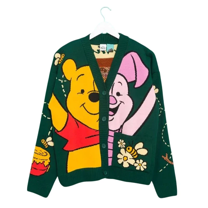 Image of Winnie The Pooh Mens Knitted Cardigan in Green Size: Small Green Male S