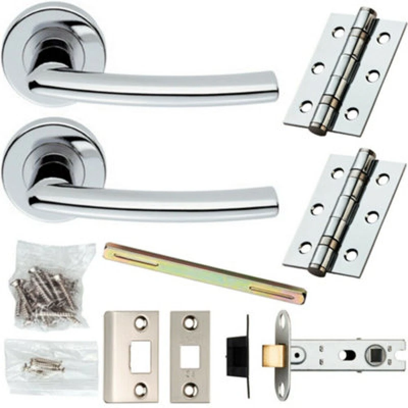 Image of Loops Door Handle & Latch Pack Chrome Modern Curved Slim Bar on Screwless Round Rose Multi