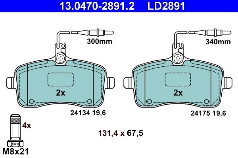 Image of ATE 13.0470-2891.2 Brake pad set incl. wear warning contact, with brake caliper screws Brake Pad Set,disc brake (402)
