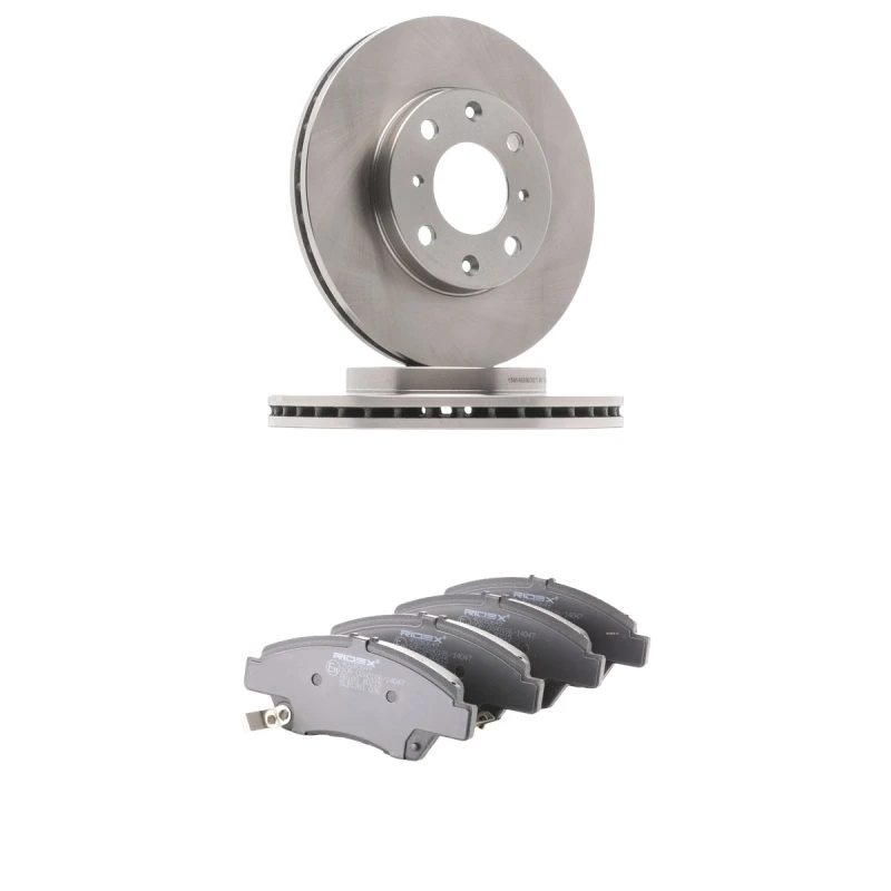 Image of RIDEX 3405B3255 Brake disc and pads set Front Axle, Brake Disc Type: internally vented, with acoustic wear warning Brake Set,disc brakes (3405)