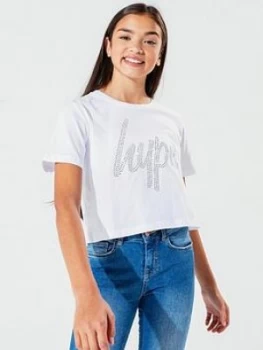 Image of Hype Girls Diamante Script Cropped Short Sleeve T-Shirt - White