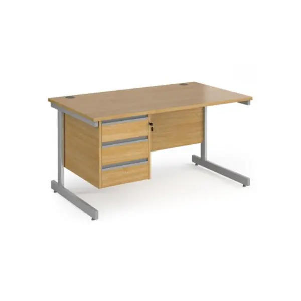 Image of Contract 25 Office Desk Rectangular Desk 1400mm With Pedestal Oak Top With Silver Frame 800mm Depth Contract 25 CC14S3-S-O Oak CC14S3-S-O