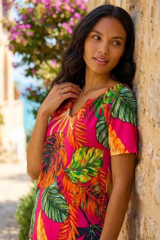 Image of Roman Womens Tropical Print Notch Neck Stretch Top in Fuchsia Size: 10 Fuchsia Female 10