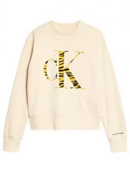 image of Calvin Klein Jeans Girls Animal CK Flock Sweat - Cream, Size Age: 10 Years, Women