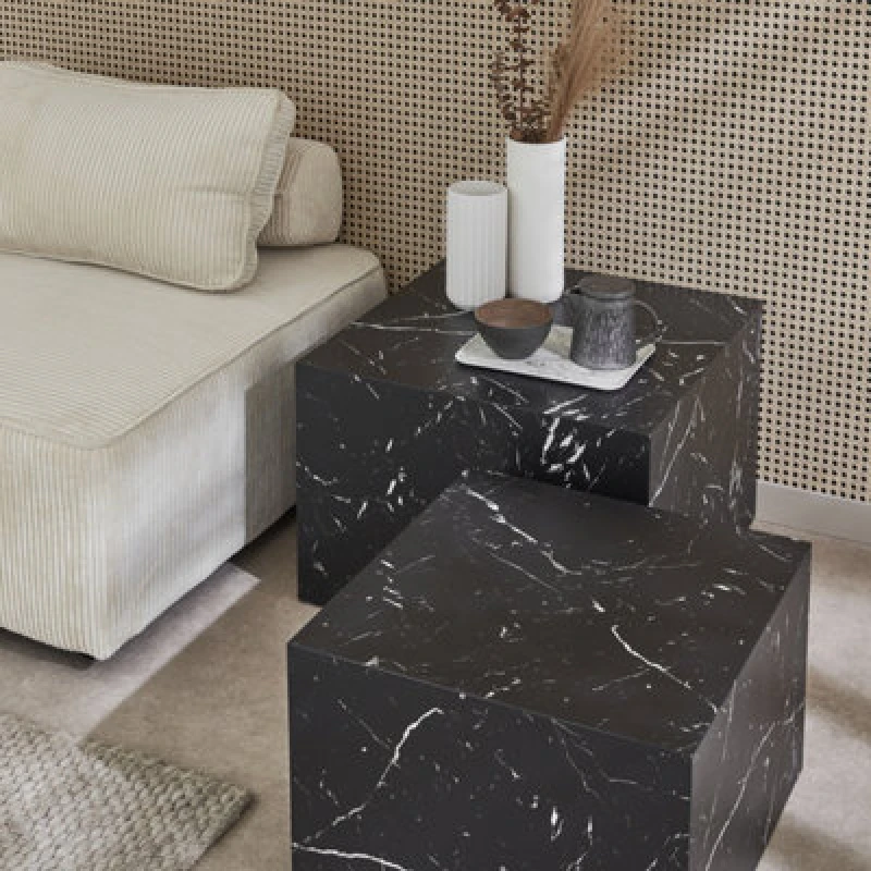 Image of Sweeek - Pair Of Square Coffee Tables With Marble Effect Paros Black 58X58X40 Cm