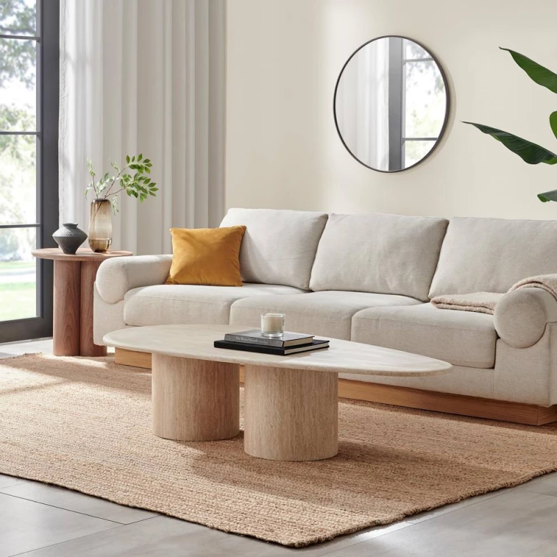 Image of FurnitureboxUK Sutton Beige Travertine Stone Veneer Oval Coffee Table Beige Unisex