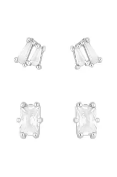 image of Rhodium Plated Baguette Stone Earrings - Pack of 2