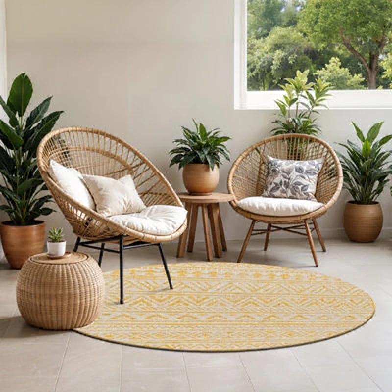 Image of Livabliss Round In- & Outdoor Global Saffron Diksha Area Rug 160 X 160 Cm - Easy To Clean, Perfect For Balcony, Kitchen Or Dining Room
