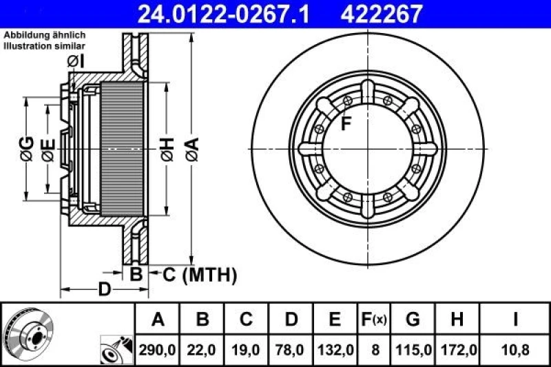 Image of ATE 24.0122-0267.1 Brake disc Vented, Coated, Alloyed/High-carbon, without ABS sensor ring Brake Disc (82)
