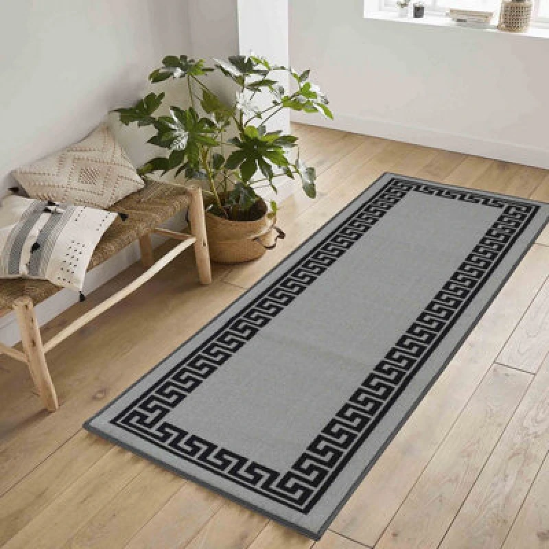 Image of Machine Washable Greek Key Design Anti Slip Doormats Grey 67X220 Cm
