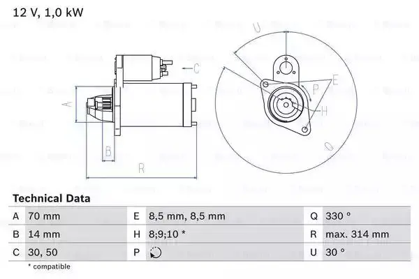 Image of Bosch 0986018570 Starter Motor 1857 12 V 1 kW Output BOSCHSTARTER-0986018570