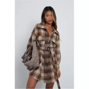 Image of I Saw It First Chocolate Woven Check Print Drop Shoulder Belted Oversized Shirt Dress - Brown