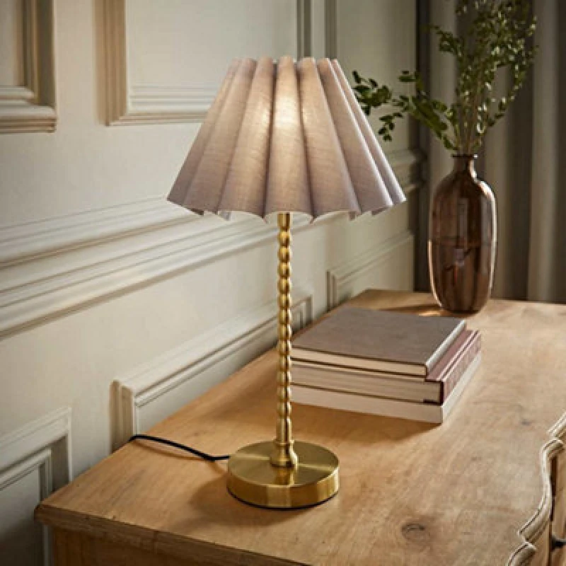 Image of ValueLights ValueLights Maeve Scallop Pleated Tapered Shade Brushed Gold Bobbin Bobble Table Lamp in Grey Grey One Size Unisex 5059406065118