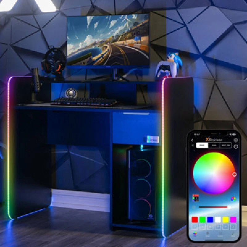 Image of X Rocker Electra RGB Gaming Desk 110cm Wide Table Lights & Wireless Charging Black