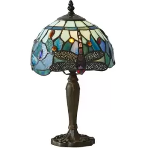 image of Tiffany Glass Table Lamp Light Dark Bronze Base & Blue Dragonfly Shade i00191