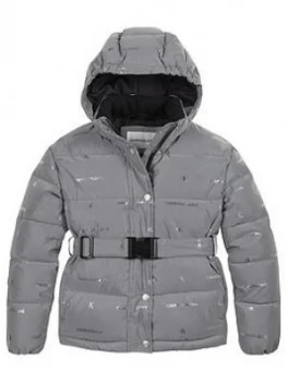 Image of Calvin Klein Jeans Girls Reflective Logo Print Jacket - Grey, Size 16 Years, Women