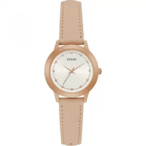 image of GUESS Ladies rose gold watch with nude smooth leather strap