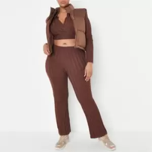 image of Missguided Plus Size Rib Flared Knit Trousers - Brown