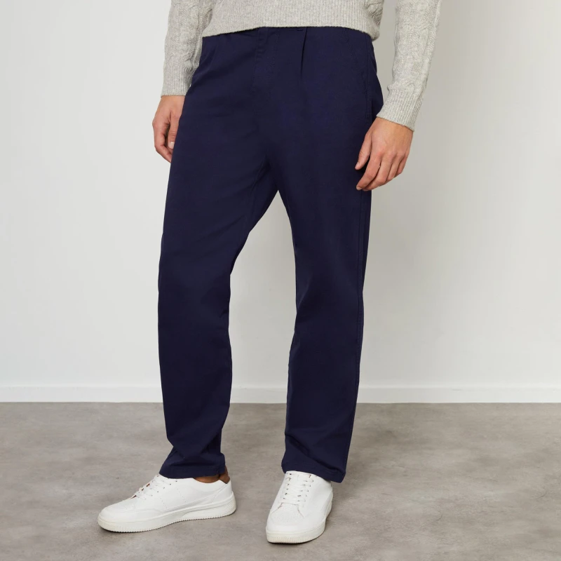 Image of Threadbare 'Fog' Cotton Straight Leg Pleated Chino Trousers With Stretch Navy