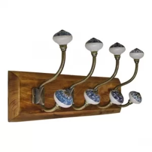 4 Double Ceramic Peacock Design Coat Hooks On Wooden Base