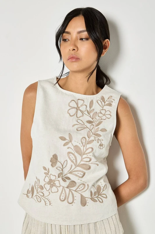 Image of Apricot Womens Floral Embroidered Denim Top in Stone Size: 14 Stone Female 14