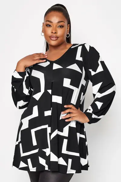 Image of Yours Printed Pleat Front Top Black