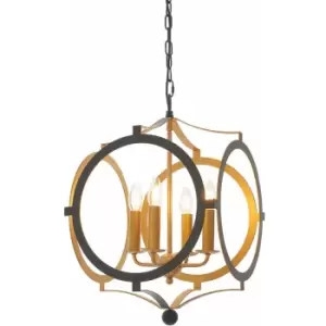 image of Matt Black & Gold Ceiling Pendant Light - 4 Bulb Hanging Circular Frame Fitting