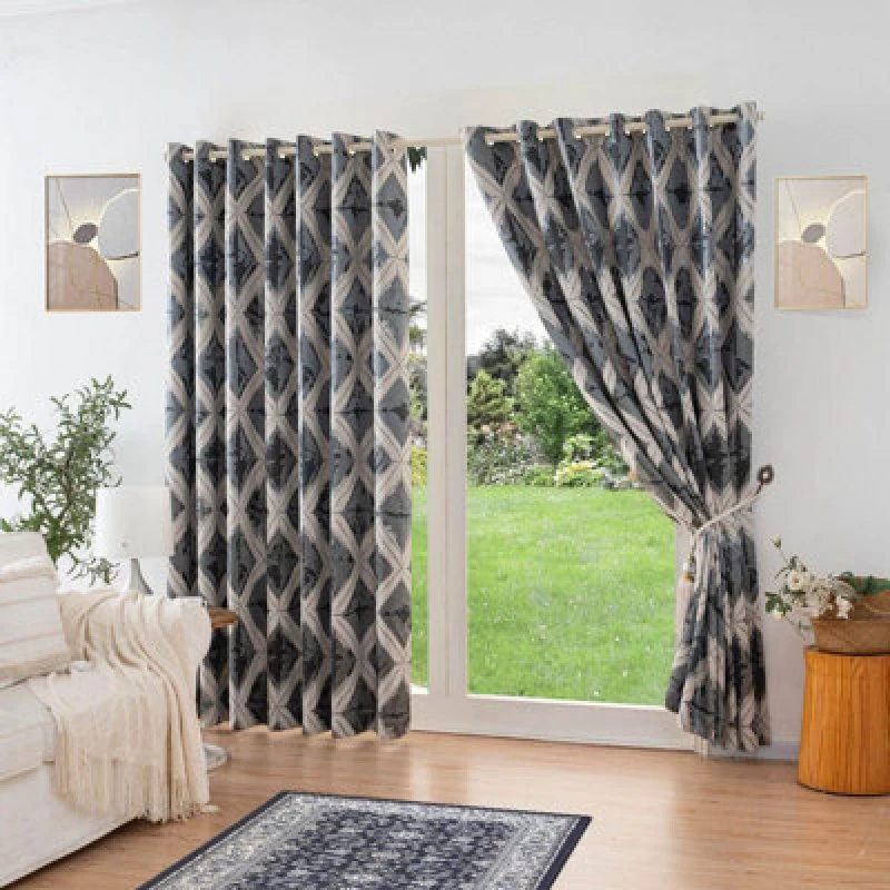 Image of Luxury Living Luxury Diamond Jacquard Fully Lined Ring Top Curtains With Metallic Thread 168Cm X 137Cm Charcoal/silver