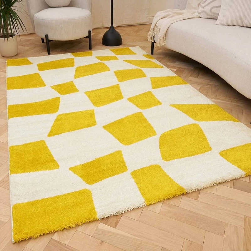 Image of THE RUGS Joli Chequered Soft & Dense Pile Living Room & Bedroom Rug in Yellow Size: 80cm x 150cm Yellow Unisex 80cm x 150 cm