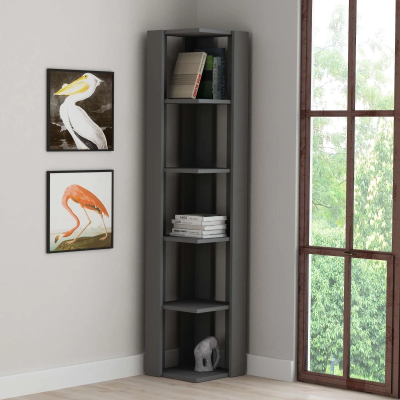 Image of DECORTIE Decortie - Nati Modern Corner Corner Bookcase Display Unit Anthracite Grey Tall 161cm - Anthracite Grey M.KT.02.12396.5