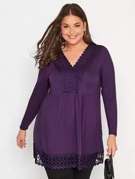 Image of Yours Long Sleeve Crochet Trim Tunic - Aubergine, Purple, Size 16, Women