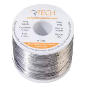 image of R-TECH 857005 SC100e Solder 3% M1 Flux 0.5-2% Halide 0.5mm 500g Reel