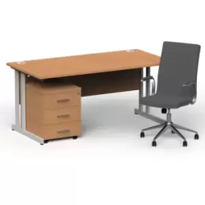 image of Impulse 1600/800 Silver Cant Desk Oak + 3 Dr Mobile Ped & Ezra Grey