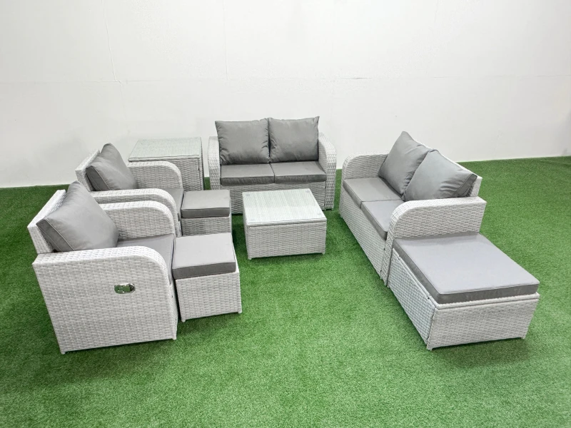 Image of Fimous 9 Seater Outdoor Reclining Chair Love Sofa Set Rattan Garden Furniture Set with Square Coffee Table 3 Stools Side Table Light Grey Light Grey