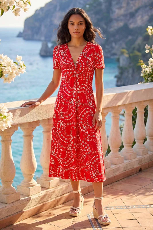 Image of Roman Womens Floral Print Twist Front Stretch Dress in Red Size: 12 Red Female 12