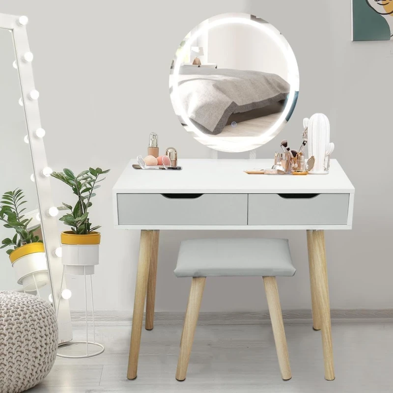 Image of Alivio Womens Hollywood Dressing Table Set with LED Lights & 3 Color Mode Vanity Table with Stool in Grey Grey Female