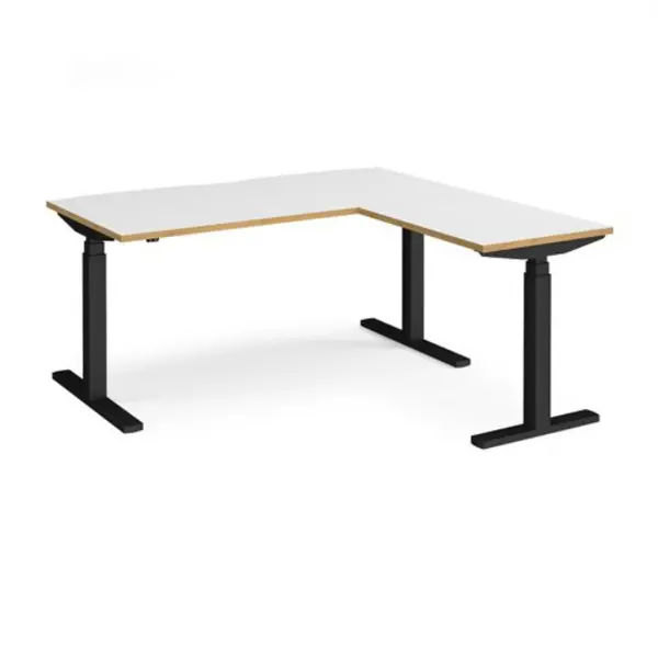Image of Elev8 Height Adjustable Desk Rectangular Desk With Return 1600mm White/Oak Tops With Black Frames Elev8 Touch White/Oak EVTR-1600-K-WO