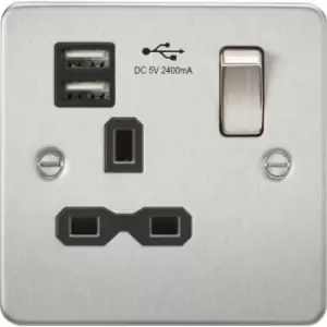 Knightsbridge - Flat plate 13A 1G Switched Socket with dual usb charger (2.4A) - Brushed Chrome with Black Insert 230V IP20