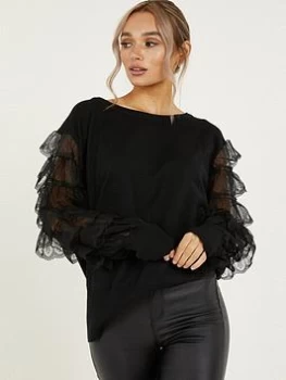 image of Quiz Black Knitted Lace Sleeves Jumper - S