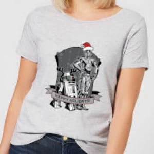 Image of Star Wars Happy Holidays Droids Womens Christmas T-Shirt - Grey - 3XL