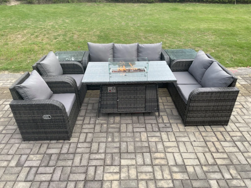 Image of Fimous 7 Seater PE Wicker Outdoor Rattan Garden Furniture Set Propane Gas Fire Pit Table and Sofa Chair set with 2 Side Tables Dark Grey